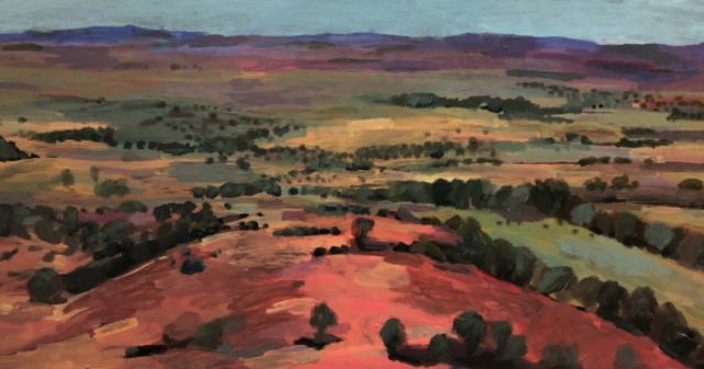 Painting by Michele Morcos, landscape, rich colours rust red, orange and yellow, Australian outback